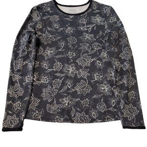 Hang Ten Women's Medium Long Sleeve Top Blouse Rash Guard Dark Gray White Floral